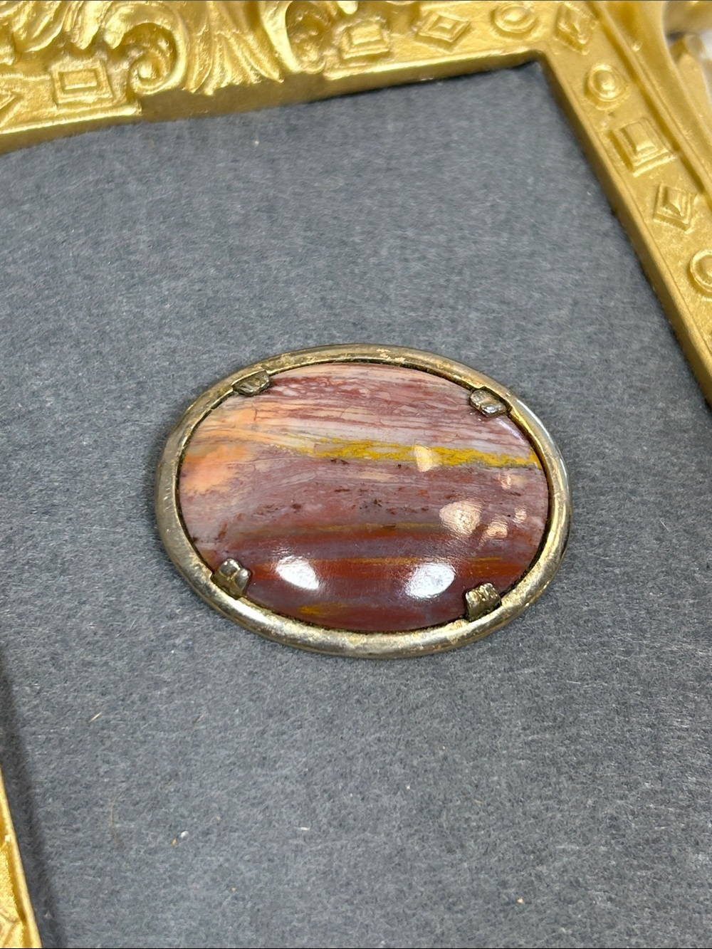 Vintage Oval Polished Jasper Stone Brooch in Red and Yellow Tones